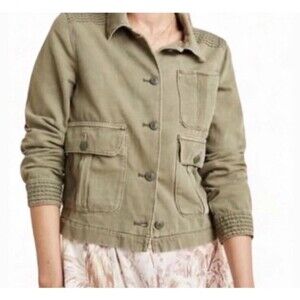 Anthropologie cotton linen washed green cargo utility jacket Large